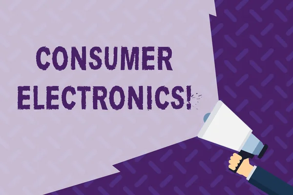 Text sign showing Consumer Electronics. Conceptual photo consumers for daily and noncommercial purposes Hand Holding Megaphone with Blank Wide Beam for Extending the Volume Range.