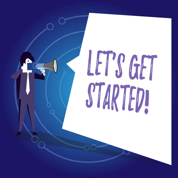 Escribiendo nota mostrando Let S Get Started. Foto de negocios mostrando animando a alguien a comenzar a hacer algo Empresario gritando en megáfono y burbuja de habla blanca . —  Fotos de Stock