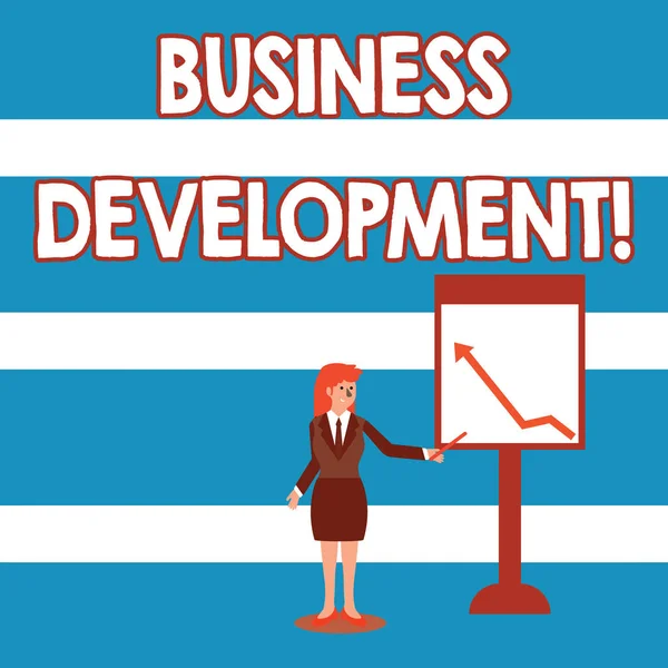 Text sign showing Business Development. Conceptual photo pursuing strategic opportunities for a certain business Businesswoman Holding Stick Pointing to Chart of Arrow Upward on Whiteboard. — Stock Photo, Image