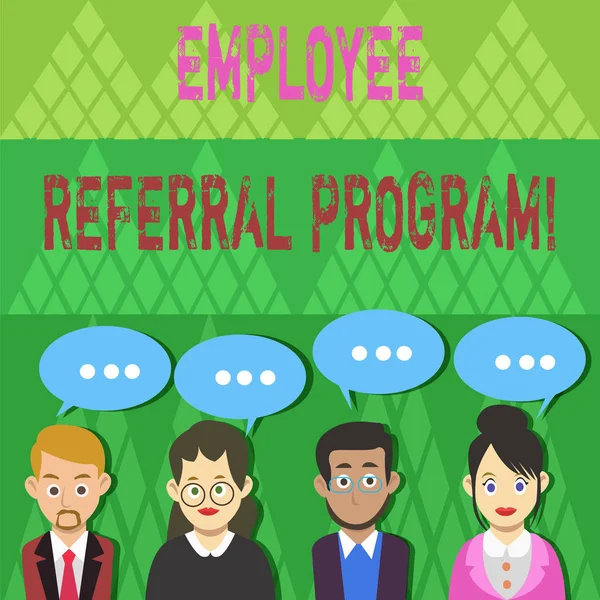 Text sign showing Employee Referral Program. Conceptual photo internal recruitment method employed by organizations Group of Business People with Blank Color Chat Speech Bubble with Three Dots. — Stock fotografie