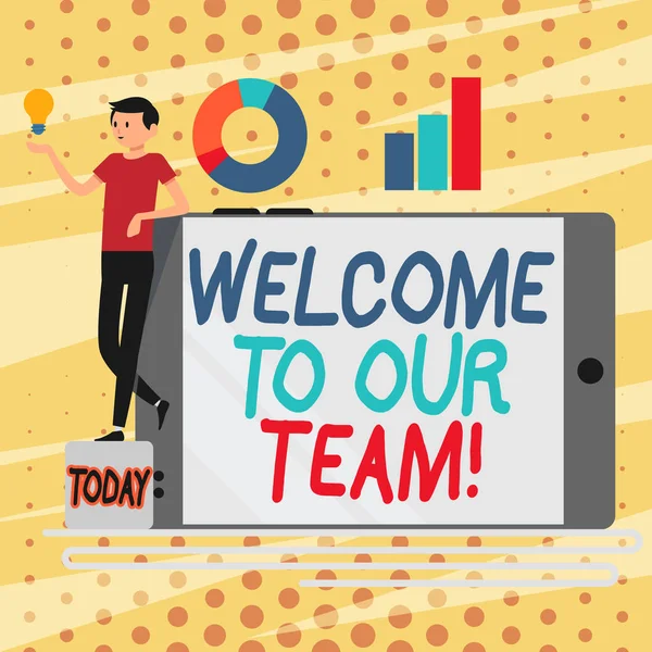 Conceptual hand writing showing Welcome To Our Team. Business photo showcasing introducing another demonstrating to your team mates Man Leaning on Smartphone Turned on Side Graph and Idea Icon. — Stock Photo, Image