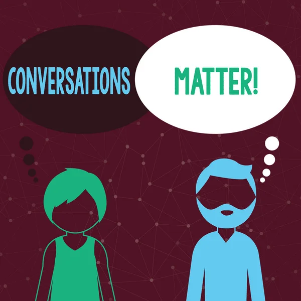 Handwriting text writing Conversations Matter. Concept meaning generate new and meaningful knowledge Positive action Bearded Man and Woman Faceless Profile with Blank Colorful Thought Bubble. — Stock Photo, Image