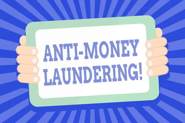 Text sign showing Anti Money Laundering. Conceptual photo regulations stop generating income through illegal actions Color Tablet Smartphone with Blank Screen Handheld from the Back of Gadget.