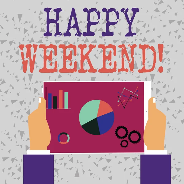 Pisanie tekstu Happy Weekend. Koncepcja biznesowa na coś miłego stało się lub czują się zadowoleni z życia Hands Holding Tablet z Search Engine Optimization Ikony sterowników na ekranie. — Zdjęcie stockowe