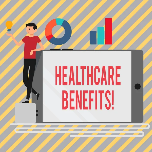 Writing note showing Healthcare Benefits. Business photo showcasing monthly fair market valueprovided to Employee dependents Man Leaning on Smartphone Turned on Side Graph and Idea Icon. — 스톡 사진