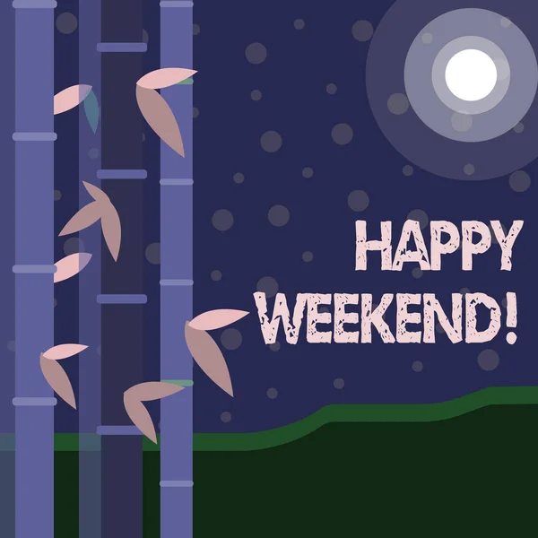 Handwriting text Happy Weekend. Concept meaning something nice has happened or they feel satisfied with life Colorful Sets of Leafy Bamboo on Left Side and Moon or Sun with Round Beam.