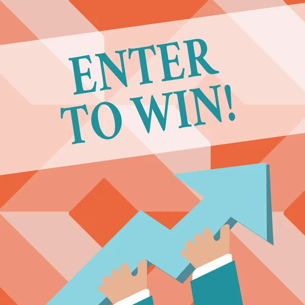 Writing note showing Enter To Win. Business photo showcasing exchanging something value for prize chance winning prize photo of Hand Holding Colorful Huge 3D Arrow Pointing and Going Up. — 스톡 사진