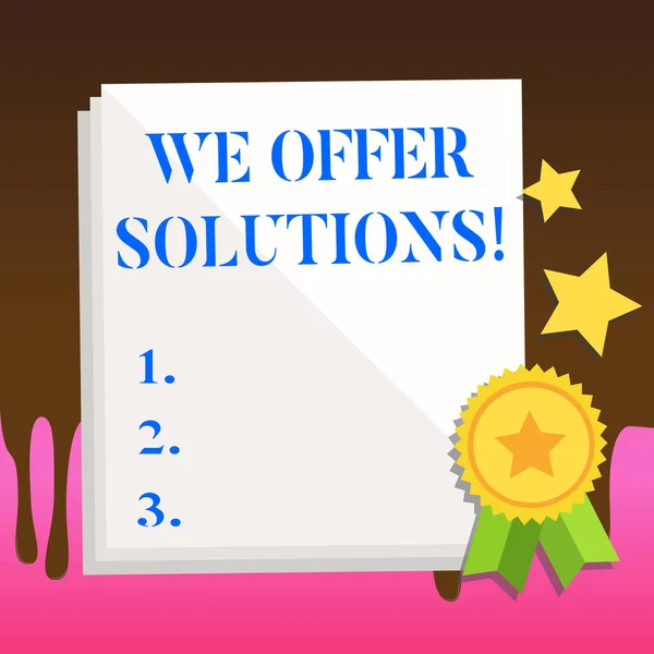 Tekstskilt som viser We Offer Solutions. Begrepsbasert bildebehandling for å løse problemer eller håndtere vanskelige situasjoner White Blank Sheet of Parchment Paper Stationery med Ribbon Seal Stamp Etikett . – stockfoto