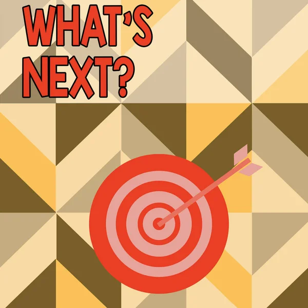 Word writing text What S Next Question. Business concept for asking demonstrating about his coming action or behavior Color Dart Board in Concentric Style with Arrow Hitting the Center Bulls Eye. — 스톡 사진