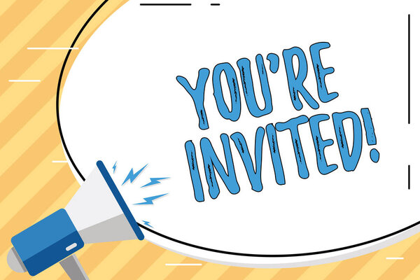 Текст для написания слов Вы повторно пригласили. Бизнес-концепция для того, чтобы сделать дружелюбную просьбу к кому-нибудь пойти куда-нибудь Blank White Huge Oval Shape Sticker и Megaphone Shouting with Volume Icon
.