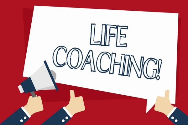 Word writing text Life Coaching. Business concept for demonstrating employed to help showing attain their goals in career Hand Holding Megaphone and Other Two Gesturing Thumbs Up with Text Balloon.
