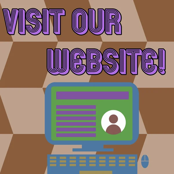Skriva lapp som visar Besök vår hemsida. Företagsfoto visar besökaren som anländer till webbplatsen och fortsätter att bläddra dator monterad på monter med Online Profil Data på skärmen. — Stockfoto