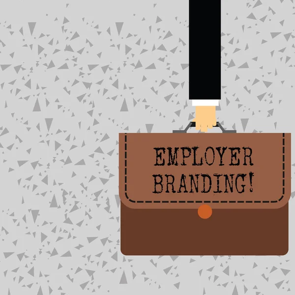 Texto para escrita de palavras Employer Branding. Conceito de negócio para promover a escolha do empregador da empresa para o grupo-alvo desejado Empresário Mão Carregando Portfólio de Maleta Colorida com Stitch Applique . — Fotografia de Stock