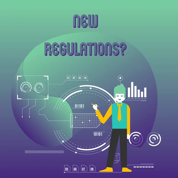 Writing note showing New Regulations Question. Business photo showcasing rules made government order control way something is done Man Holding Pen Pointing to Chart Diagram SEO Process Icons. — 스톡 사진