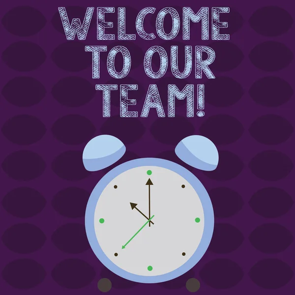 Conceptual hand writing showing Welcome To Our Team. Business photo text introducing another demonstrating to your team mates Colorful Round Analog Two Bell Alarm Desk Clock Hand photo. — Stock Photo, Image