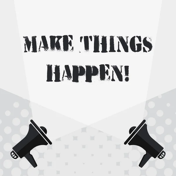 Text sign showing Make Things Happen. Conceptual photo you will have to make hard efforts in order to achieve it Blank Double Spotlight Crisscrossing Upward from Two Megaphones on the Floor.