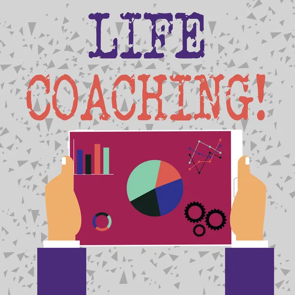 Parola scrittura testo Life Coaching. Concetto di business per dimostrare impiegato per aiutare a mostrare raggiungere i loro obiettivi in carriera Hands Holding Tablet con le icone dei driver di ottimizzazione dei motori di ricerca sullo schermo . — Foto Stock