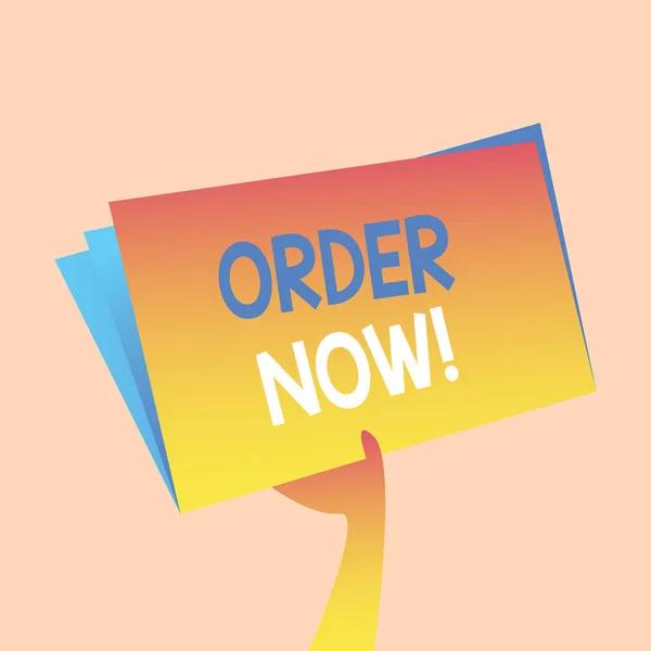 Handwriting text writing Order Now. Concept meaning confirmed request by one party to another to buy sell Hand Holding and Raising Blank Space Colorful File Folder with Sheet Inside.