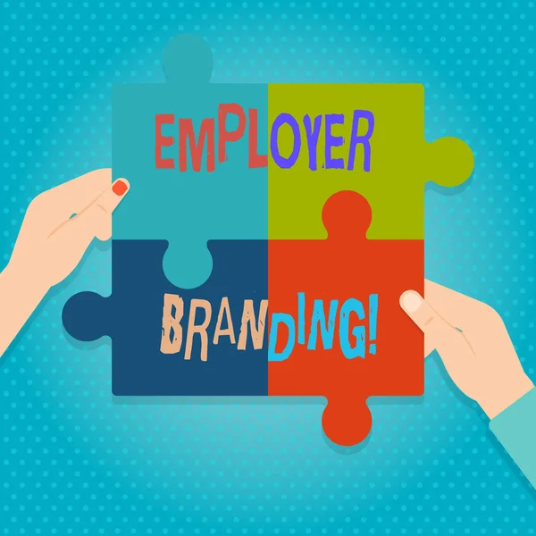 Word writing text Employer Branding. Business concept for promoting company employer choice to desired target group Four Blank Multi Color Jigsaw Puzzle Tile Pieces Put Together by Human Hands.