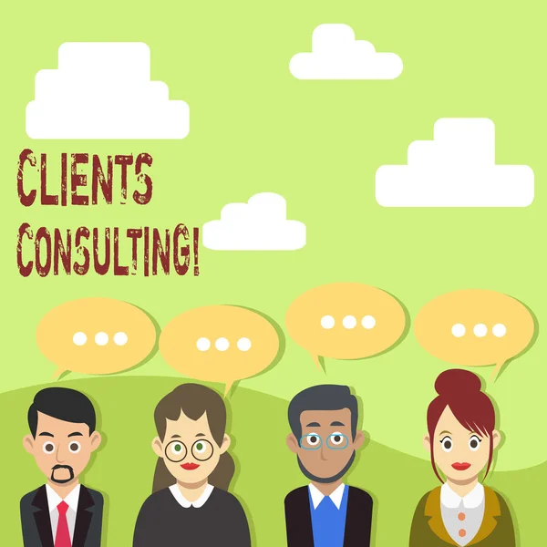 Handwriting text Clients Consulting. Concept meaning providing of expert knowledge to a third party for a fee Group of Business People with Blank Color Chat Speech Bubble with Three Dots.