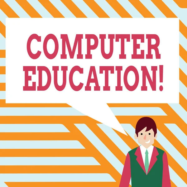Handwriting text writing Computer Education. Concept meaning gaining basic knowledge and skills to operate computers Businessman Smiling and Talking with Blank Rectangular Color Speech Bubble. — Stock Photo, Image
