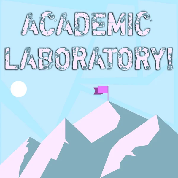 Word writing text Academic Laboratory. Business concept for where students can go to receive academic support Mountains with Shadow Indicating Time of Day and Flag Banner on One Peak.