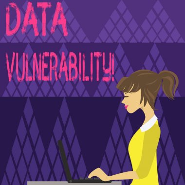 Writing note showing Data Vulnerability. Business photo showcasing weakness of a data which can be exploited by an attacker photo of Young Busy Woman Sitting Side View and Working on her Laptop.