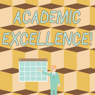 Akademik Mükemmelliği gösteren metin işareti. Kavramsal fotoğraf Yüksek dereceli ve üstün perforanalysisce İşadamı Gülen ve Duvarda Star Hang ile Renkli Takvim İşaret.