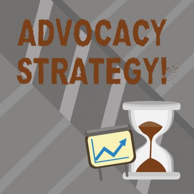 Word writing text Advocacy Strategy. Business concept for activity by an individual that aims to influence decisions Successful Growth Chart with Arrow Going Up and Hourglass with Sand Sliding.