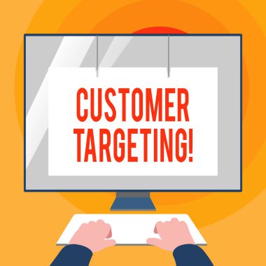 Word writing text Customer Targeting. Business concept for business process that defines which customers to market Hands on Mockup Keyboard Front of Blank White Monitor with Screen Protector.