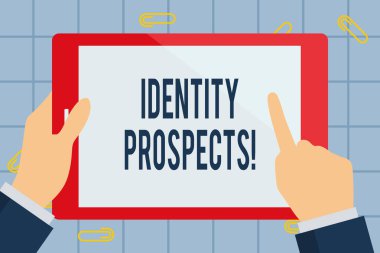 Kimlik Beklentilerini gösteren metin işareti. Kavramsal fotoğraf Potansiyel müşteri Nitelikli kurşun bir organizasyon İşadamı El Tutma, İşaret ve Dokunmadan Renkli Tablet Boş Ekran.