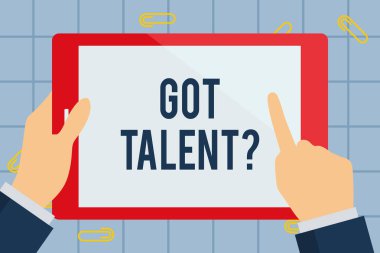 Got Talentquestion'ı gösteren bir metin işareti. Kavramsal fotoğraf bir şey İşadamı El Tutma, İşaret ve Dokunmadan Renkli Tablet Boş Ekran iyi olmak için doğal yeteneği var soran.