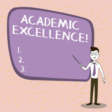 Akademik Mükemmelliği gösteren kavramsal el yazısı. Yüksek notlar ve üstün perforanalysisce Emin Adam Tie, Gözlük ve Stick İşaret Kurulu elde gösteren İş fotoğraf.