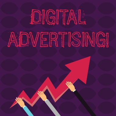 Handwriting text writing Digital Advertising. Concept meaning marketing of products or services using internet Three Hands Holding Colorful Zigzag Lightning Arrow Pointing and Going Up.