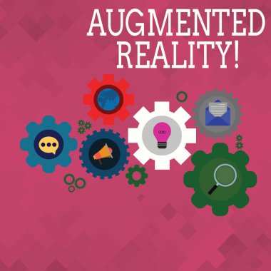 Artırılmış Gerçeklik'i gösteren metin işareti. Renkli Dişli Tekerlek Dişli Inside Küresel Online Sosyal Ağ Simgeleri Seti bir gerçek dünya ortamı kavramsal fotoğraf interaktif deneyim.