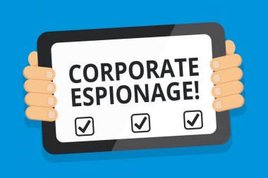 Sözcük yazma Kurumsal Casusluk. Ticari amaçla yürütülen casusluk biçimi iş konsepti. Gadget Arkasından Boş Ekran Tutacağı ile Renk Tableti Akıllı Telefonu.