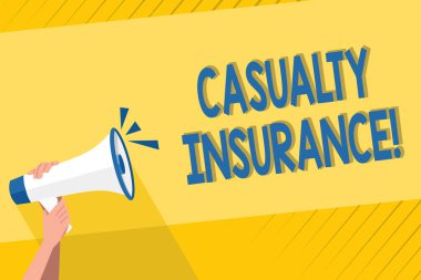 Handwriting text writing Casualty Insurance. Concept meaning overage against loss of property or other liabilities Human Hand Holding Tightly a Megaphone with Sound Icon and Blank Text Space. clipart