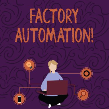 El yazısı metin Fabrika Otomasyonu. Teknik Simgeler ile Laptop Tarama Katta Makine veya süreçlerin Kadın Oturma Çapraz Bacaklar otomatik çalışma ve kontrolü anlamına gelir Kavram.