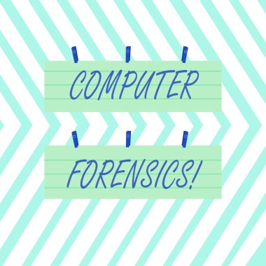 Kelime yazma Bilgisayar Adli Tıp. Bilgisayarlardaki araştırma analiz teknikleri için iş konsepti İki Renkli Boş Şerit Çizgili Kağıt Çarşaf Asılı Mavi Mandal Kullanılarak.