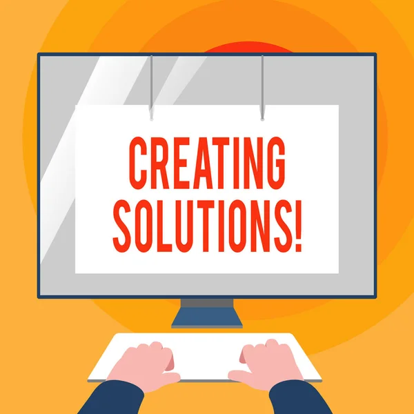 Word writing text Creating Solutions. Business concept for Make ways to solve a problem or dealing with situation Hands on Mockup Keyboard Front of Blank White Monitor with Screen Protector. — 스톡 사진