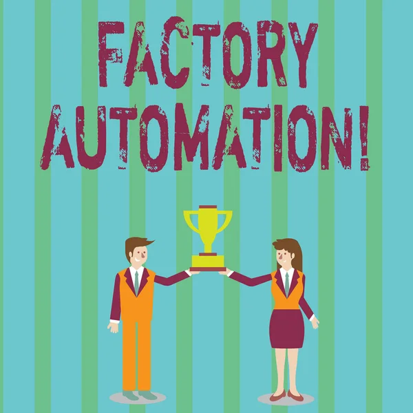 Handwriting text Factory Automation. Concept meaning automatic operation and control of machinery or processes Man and Woman in Business Suit Holding Together the Championship Trophy Cup.