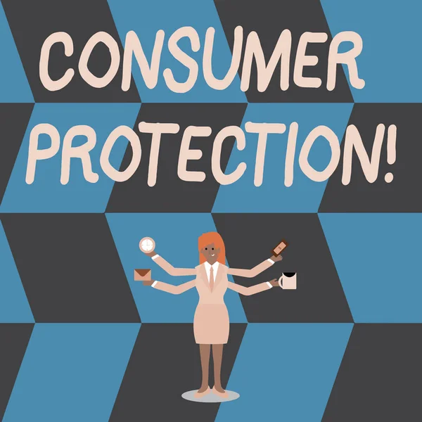 A fogyasztóvédelmet bemutató levél. Üzleti fotó kirakat rendelet, amelynek célja, hogy megvédje a fogyasztók jogait Nő négy kar kiterjesztése oldalirányú munkavállalók szükséges tétel. — Stock Fotó