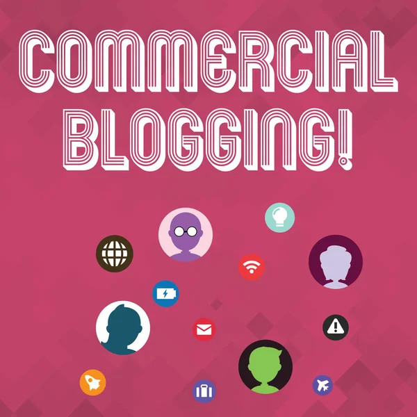 Tulisan berita Commercial Blogging. Konsep bisnis untuk diterbitkan dan digunakan oleh sebuah organisasi atau korporasi Ikon Teknis Jaringan dengan Kepala Obrolan Tersebar di Layar untuk Link Up . — Stok Foto