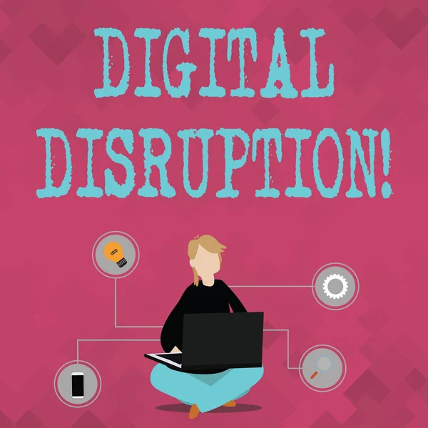 Writing note showing Digital Disruption. Business photo showcasing transformation caused by emerging digital technologies Woman Sitting with Crossed Legs on Floor Browsing the Laptop.