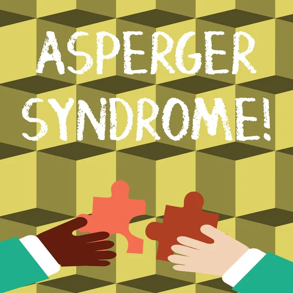 Γράμμα που δείχνει σύνδρομο Asperger. Business photo showcasing χαρακτηρίζεται ως μια διακριτή διαταραχή του φάσματος του αυτισμού Hands Holding Jigsaw Puzzle Pieces about Interlock the Tile. — Φωτογραφία Αρχείου