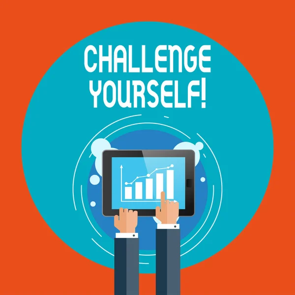 Text sign showing Challenge Yourself. Conceptual photo opportunity to be part of something bigger than ourselves Businessman Hand Touching Pointing to Bar Line Chart on Smartphone Screen. — Stock Photo, Image