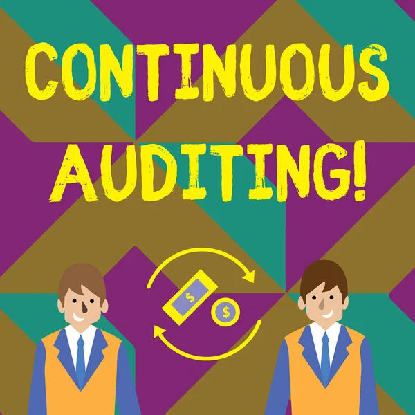 Text sign showing Continuous Auditing. Conceptual photo Internal process that examines accounting practices Money in Dollar Currency Sign Inside Rotating Arrows Between Two Businessmen. — Stockfoto