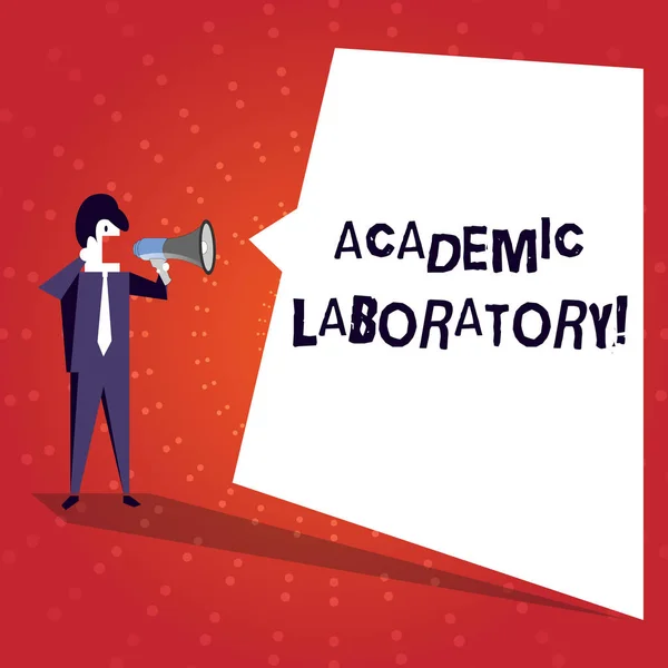Writing note showing Academic Laboratory. Business photo showcasing where students can go to receive academic support Businessman Shouting on Megaphone and White Speech Bubble.