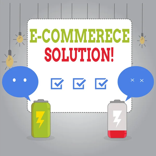 Writing note showing E Commerce Solution. Business photo showcasing Software used by business in selling products online Fully Charge and Discharge Battery with Emoji Speech Bubble.