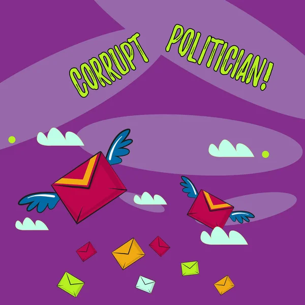 Word writing text Corrupt Politician. Business concept for a public leader who misuse of public authority and fund Many Colorful Airmail Flying Letter Envelopes and Two of Them with Wings. — Stock Photo, Image